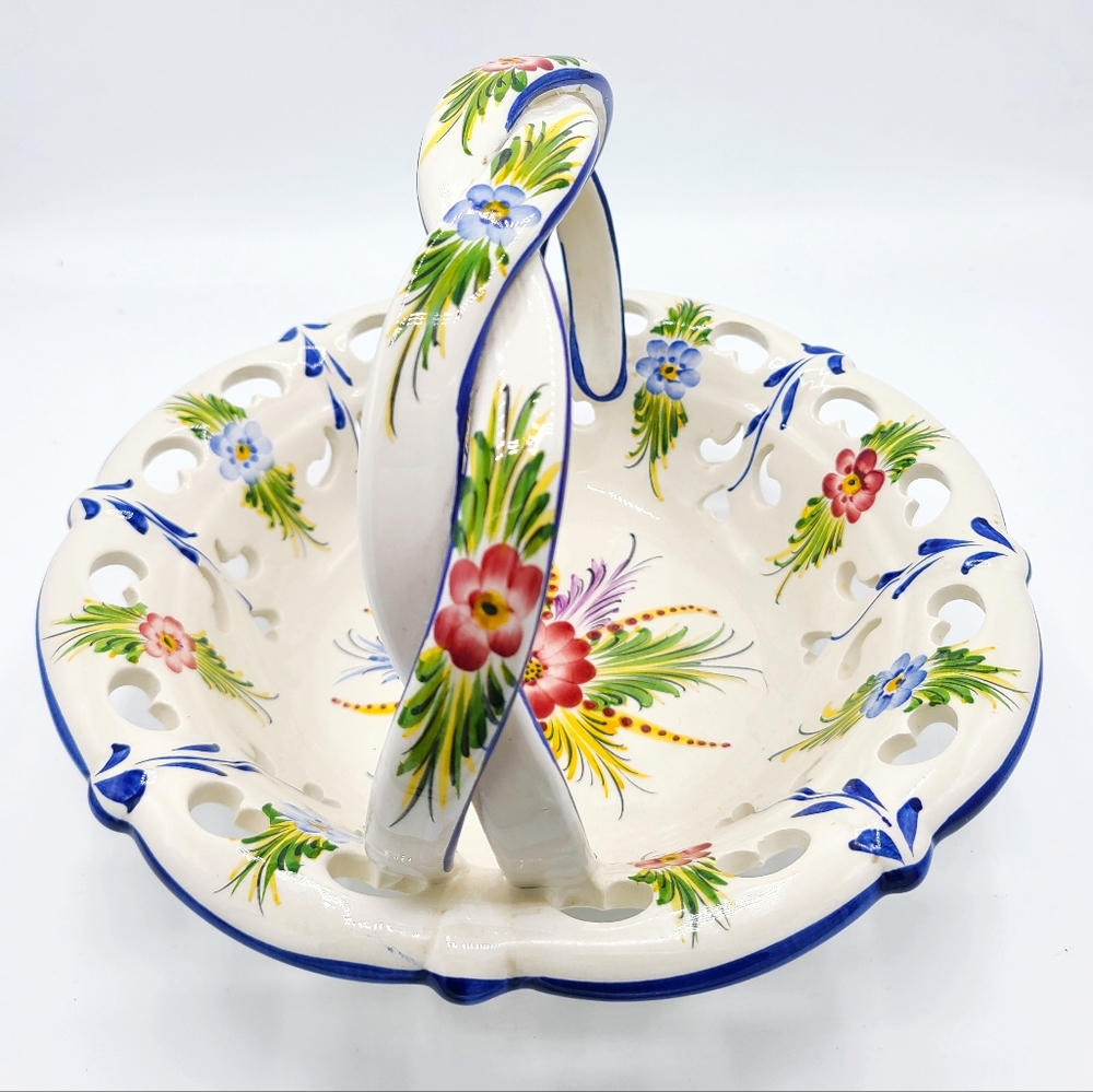Antique Portugal Vibrant Cobalt Blue White Floral Ceramic Hand Painted Basket - Picture 3 of 7